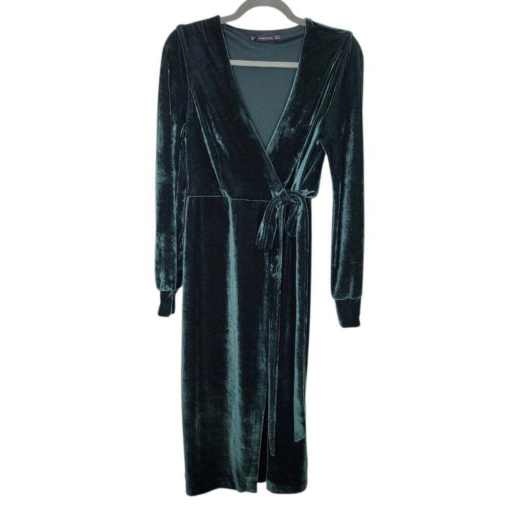 Zara Trafaluc Dark Green Velvet Wrap Dress Sz Small Gothic Holidays Cocktail